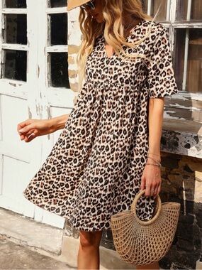 Leopard Print V-Neck Mini Dress in Beige